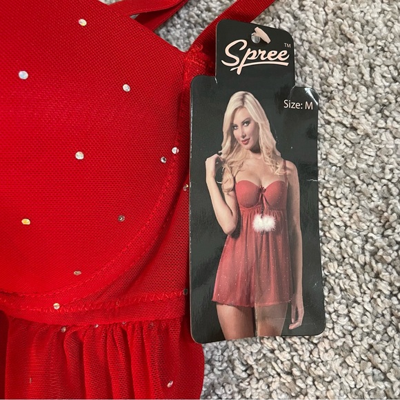 New Spree Size M Santa Red Sheer Babydoll Lingerie & G-String W/ Sequins - Picture 4 of 10